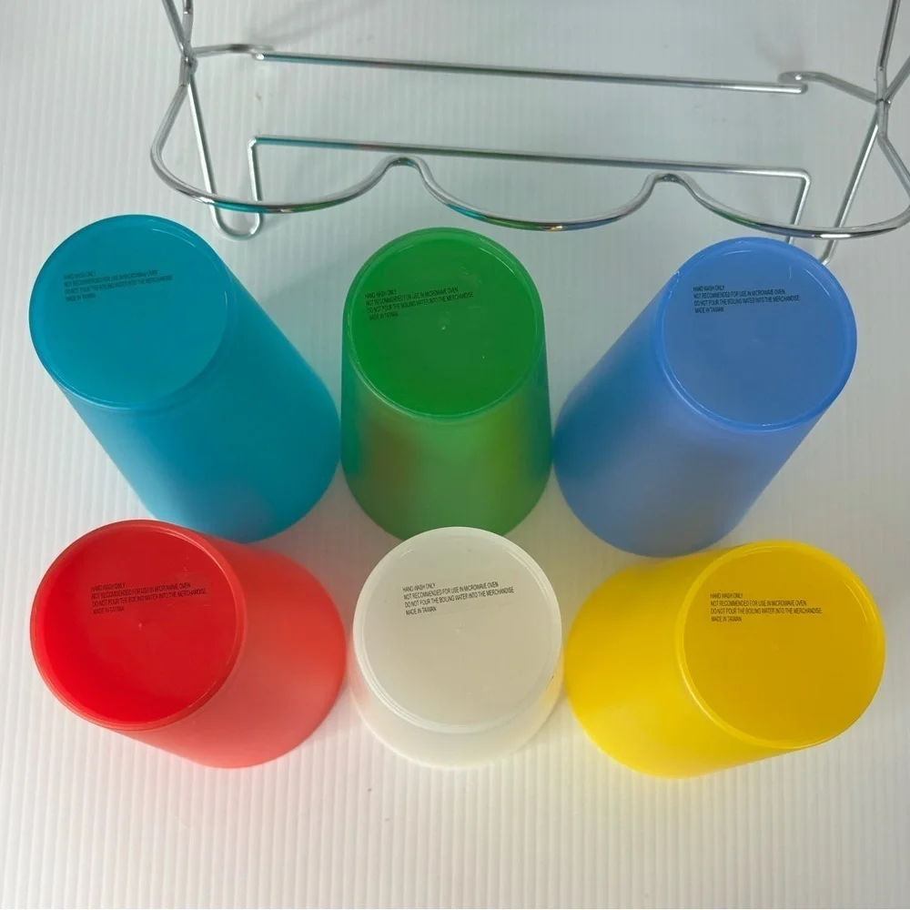6 Vintage ? Colorful Plastic Drinking Glasses With Metal Holder Barware MCM